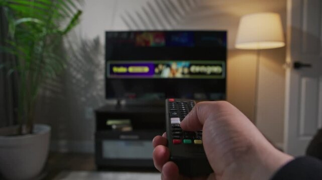 A man's hand controls a smart TV with a remote, switching channels in a stylish apartment. The vibrant 4K display lights up the room while enhancing the viewing experience