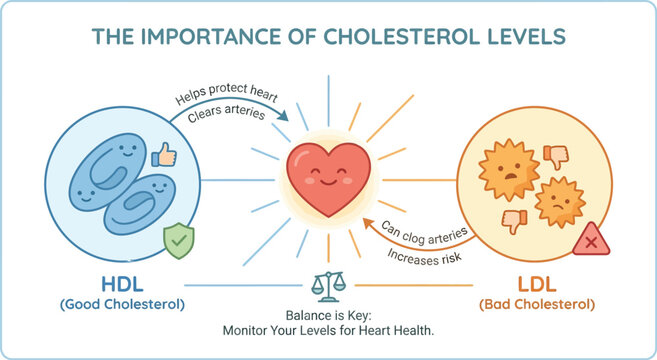 Cholesterol levels infographic explains the distinct physiological differences between high density and low density lipoproteins.