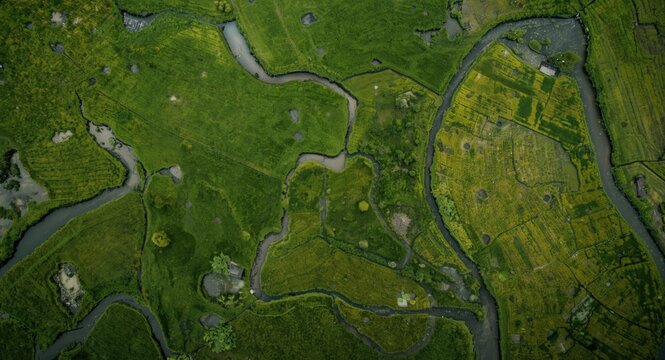 Aerial view of peaceful rural farmland with winding water bodies