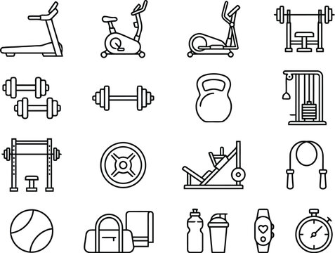 Fitness and workout equipment linear icons collection.