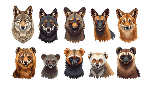 Wolf, Dog, Bear, Raccoon and Fox heads in collage: A collection of diverse canine and ursine animal head portraits, presented in a striking artistic collage.