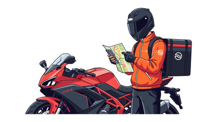 Fototapeta premium Delivery Driver with Motorcycle: An illustration of a delivery driver wearing a helmet and holding a map, standing next to a red motorcycle with a delivery box.