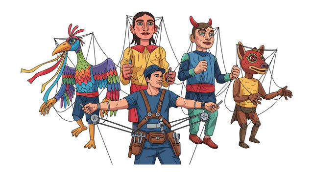 Puppeteer's Magic: A skilled puppeteer skillfully manipulates a vibrant cast of characters - a mythical bird, a jester-like figure, a horned imp.