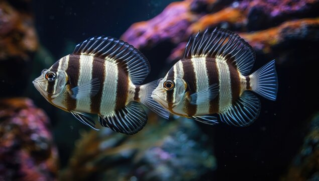 Active pair of Veil Fin Zebra Danios in detailed fish tank setting