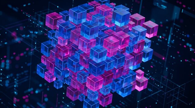 Abstract digital cube network, glowing blue and pink blocks, data flow, technology concept