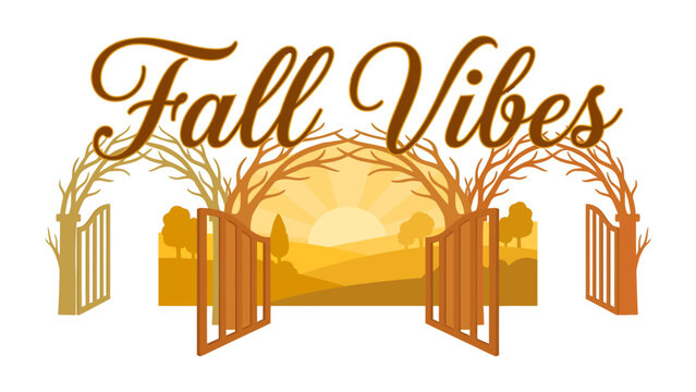 Autumn Welcome Archway: A stylized illustration depicts an inviting archway with an open gate, adorned with autumn leaves and trees, leading to a warm, sunlit landscape, evoking the spirit of fall.