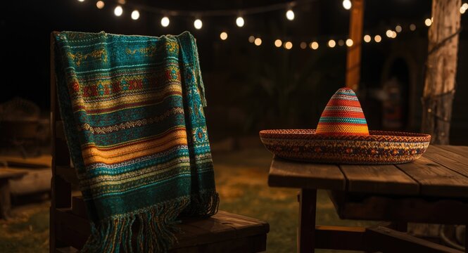 A vibrant serape with a colorful sombrero resting stylishly at night