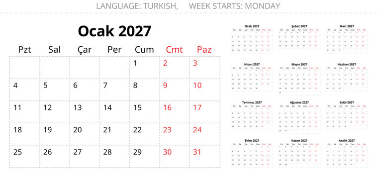 Spacious 2027 turkish monthly calendar collection for Turkey