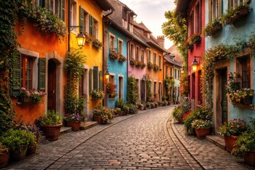 Obraz premium Quaint ancient street showcasing a series of vivid colorful homes