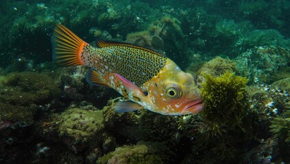 Fototapeta premium Bumphead Parrotfish Grazing Algae Sunlit Shallow Reef Habitat, Underwater Scene