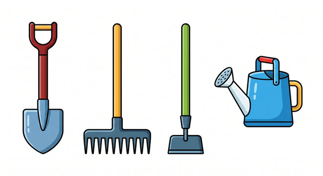 vector illustration of farming  including shovel, rake, hoe, and watering can, simple colorful flat design, bright basic colors