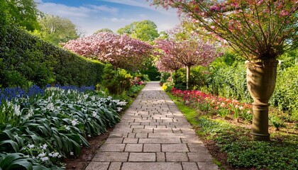 Obraz premium serene garden pathway lined with flowers and greenery in spring