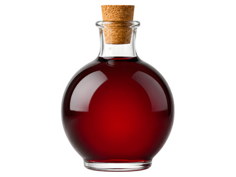 Round glass bottle with dark red liquid, cork stopper. Elegant beverage, elixir, or potion. isolated PNG with Transparent Background