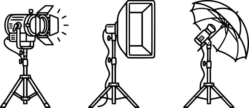 Studio lighting equipment vector icons set: spotlight, softbox, umbrella light
