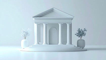 Naklejka premium Minimalist white neoclassical building with columns and a pediment, symmetrical facade, flanked by potted plants, representing architecture, government, or finance