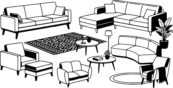 Sofa and couch collection, furniture set, seating area, flat vector illustration
