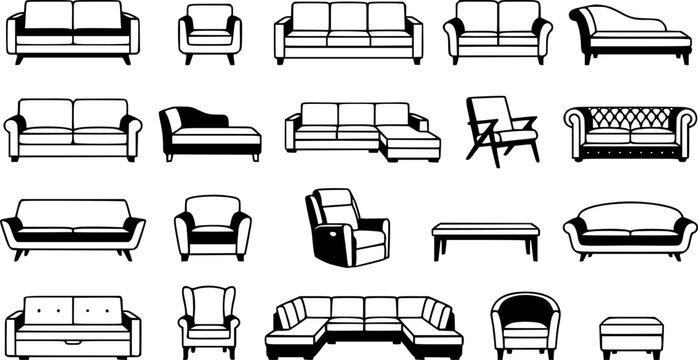 Sofa and couch collection, furniture set, seating area, flat vector illustration
