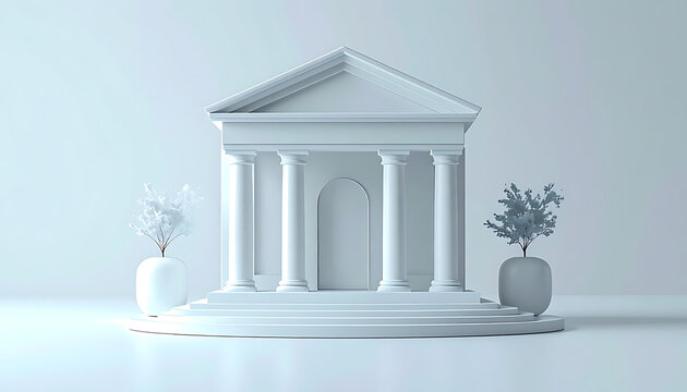 Minimalist white neoclassical building with columns and a pediment, symmetrical facade, flanked by potted plants, representing architecture, government, or finance