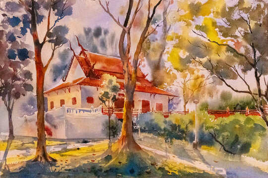 Watercolor original landscape painting of CMU Convention Hall at Chiang Mai University with big tree, Original landscape paintings illustration painted.
