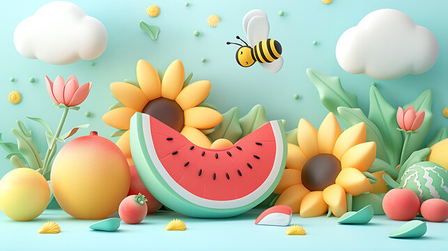Cute 3D claymorphism watermelon sunflower and bee on cyan backdrop