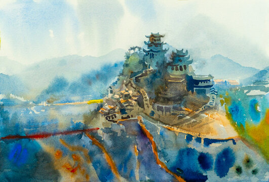 Painting watercolor original landscape of Wangxian Valley landmark China in mountain range, Original landscape paintings old Valley of the Angels in Wangxiangu landmarks of Asia.