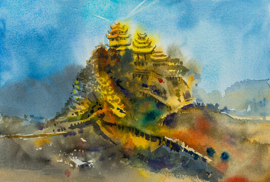 Painting watercolor original landscape of Wangxian Valley landmark China in mountain range, Original landscape paintings old Valley of the Angels in Wangxiangu landmarks of Asia.