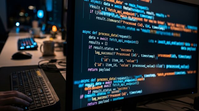 Computer screen displaying complex code, programmer typing on keyboard at desk