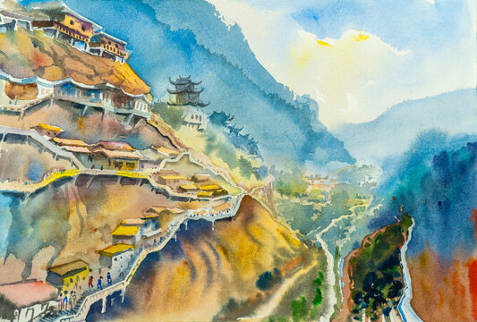 Painting watercolor original landscape of Wangxian Valley landmark China in mountain range, Original landscape paintings old Valley of the Angels in Wangxiangu landmarks of Asia.