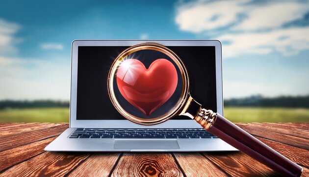 dating website red heart magnifier and laptop on wood table close up