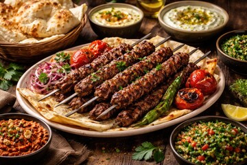 Obraz premium Traditional lamb kebab meal paired with soft fresh bread and dips