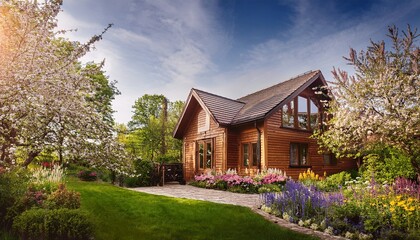 Obraz premium cozy wooden cottage surrounded by blooming flowers and trees