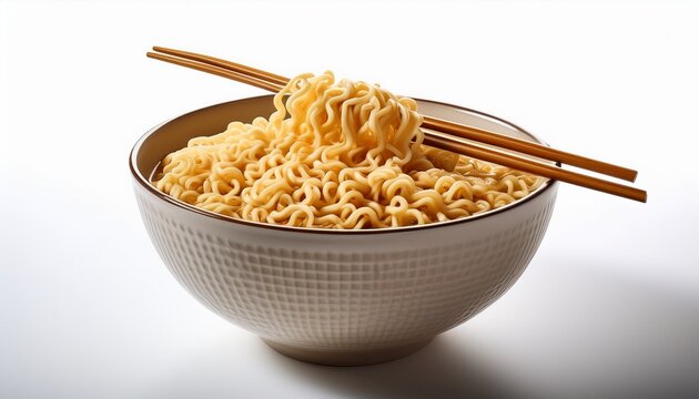 bowl of instant noodles with chopsticks resting on top white background