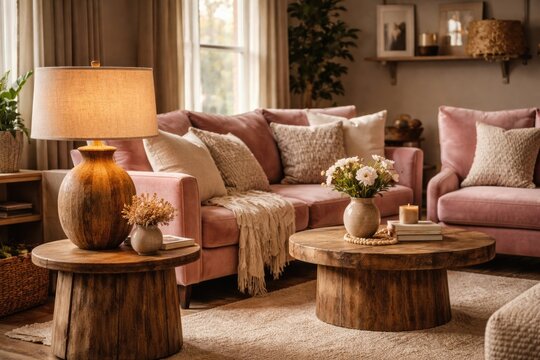 Stylish living room setup with rustic wooden table lamp and plush pink seating