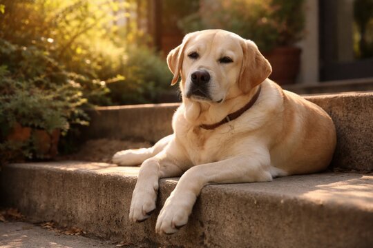 Serene yellow lab resting on concrete patio stairs with soft sunlight