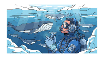 Oceanic Encounter: A diver experiences a breathtaking underwater ballet, surrounded by majestic whales in an icy arctic realm. The illustration captures the awe and wonder of this serene marine world. © abidakhatun