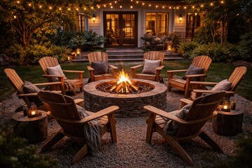 Naklejka premium Chairs forming a circle around a fire pit in a house outdoor area with copy space