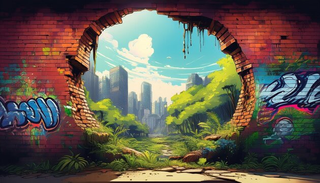 abandoned and decaying urban scene featuring a crumbling brick wall with a large hole revealing an overgrown landscape and graffiti artwork in a neglected area of the cityscape