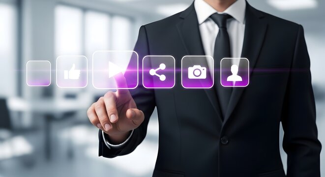 Businessman touching purple social media icons on screen