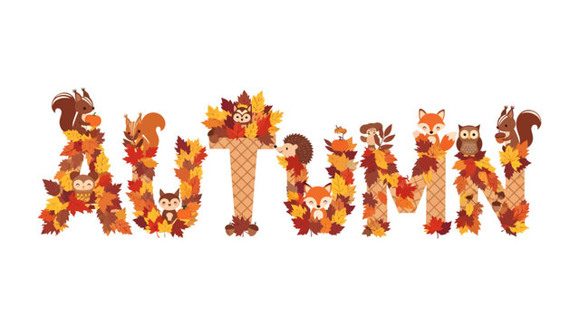 Autumn Alphabet: A whimsical arrangement of the word Autumn formed by autumn leaves and cute woodland animals like foxes, squirrels, and owls, perfect for seasonal decorations.