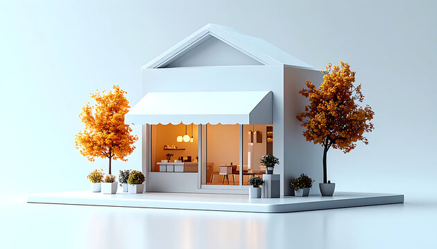 Minimalist white storefront with awning, warm interior light, and autumn trees, modern small business exterior