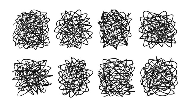 Abstract Scribbles: A collection of eight black ink scribbled patterns, each abstract and chaotic, creating a sense of disarray or creative energy.