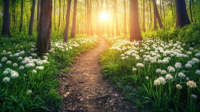 serene forest path with white flowers and sunset