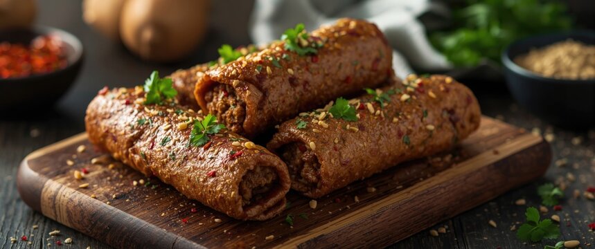 Cig Kofte Rolls Garnished with Herbs Wooden Board, Rustic Setting, Close-Up