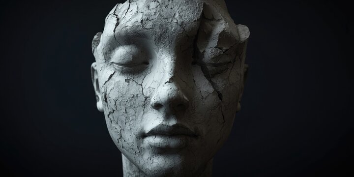 Artistic textured plaster face sculpture fragment featuring serenity on dark moody backdrop