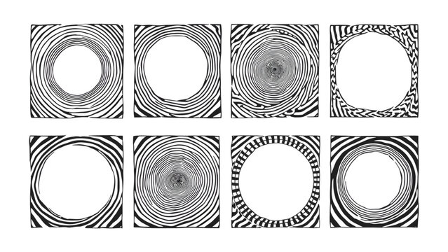 Concentric Circular Patterns: A collection of eight square frames featuring abstract, concentric circular patterns in black and white, offering unique visual textures and designs.