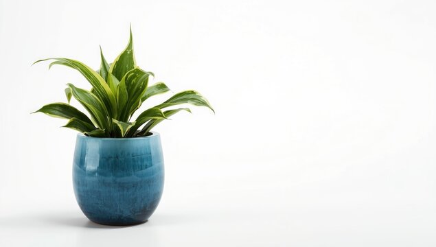 blue pot holding epiphyllum anguliger houseplant with jagged green leaves on white background