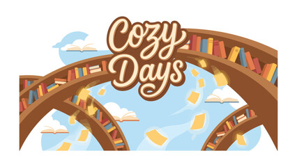 Cozy Days of Reading: An illustration depicting arched bookshelves filled with colorful books, set against a sky with whimsical clouds and floating pages, evoking a sense of comfort and leisure. © Abdul