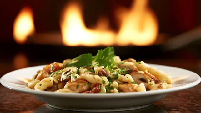 A plate of fresh seasoned pasta garnished with herbs is illuminated by a warm cozy kitchen glow