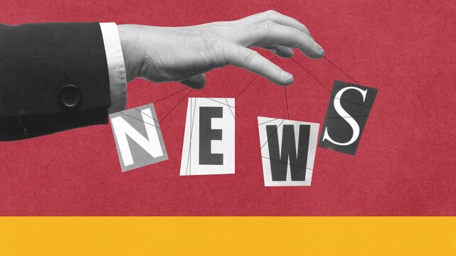 Manipulated news animation with hand controlling letters on red yellow background. Concept of media control, propaganda, fake news, editorial design, censorship, and political communication.