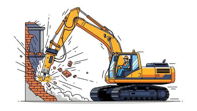 Demolition Excavator Breaking Wall: A yellow excavator with a hydraulic breaker attachment is actively demolishing a brick wall, sending debris flying.